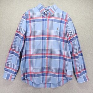 Ralph Lauren Shirt Mens Medium Flesh Pony Casual Button Blue Plaid Long Sleeve
